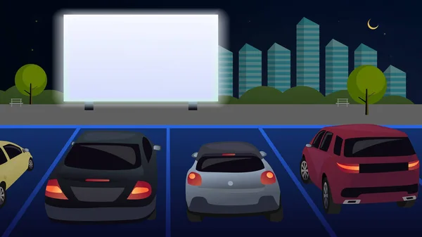 Arabadaki insanlar geceleri açık bir otoparkta film izliyorlar. Sokak arabaları için açık hava sineması. Beyaz perdede, şehrin arka planına karşı bir film gösteriliyor. Vektör. Çizgi film