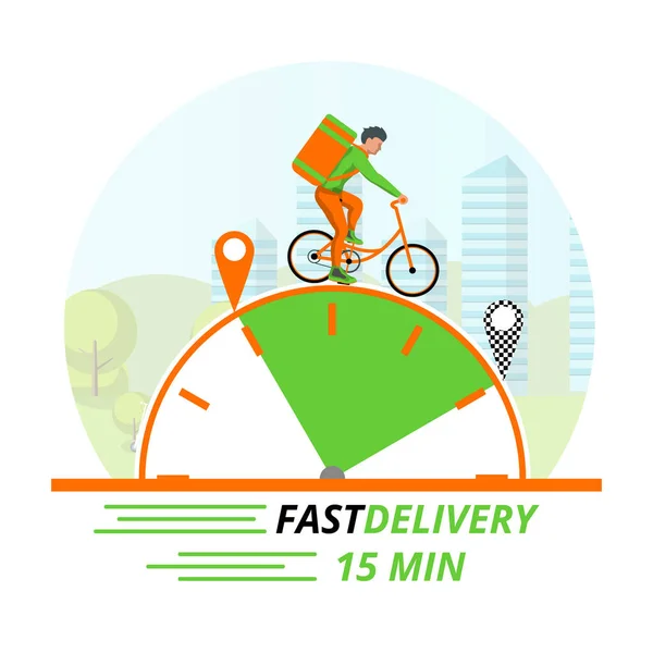 15 dakika içinde bisikletle hızlı teslimat. Sırtında büyük bir sırt çantası olan bir teslimatçı şehrin ve saatin arka planına karşı hızla ilerliyor. Şirket logosu izole edildi. Vektör