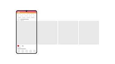 Beyaz arka planda akıllı telefon modeli. Sosyal ağda atlıkarınca arayüzü paylaşımı. Minimum tasarım. Hikaye çerçevesi. Sosyal medya mobil uygulama sayfası şablonu. Vektör