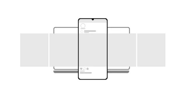 Beyaz arka planda akıllı telefon ve defter modeli. Sosyal ağda atlıkarınca arayüzü paylaşımı. Minimum tasarım. Hikaye çerçevesi. Sosyal medya mobil uygulama sayfası şablonu. Vektör