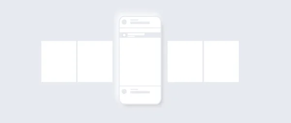 Beyaz arka plan neomorfizm tarzında akıllı telefon modeli. Sosyal ağda atlıkarınca arayüzü paylaşımı. Minimum tasarım. Hikaye çerçevesi. Sosyal medya mobil uygulama sayfası şablonu. Vektör