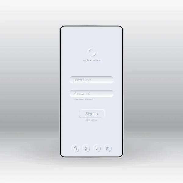Mobil uygulamalar için çokbiçimlilik için kullanıcı arayüzü. Kullanıcı adı ve parola girmek için alanlar. Giriş ve kayıt düğmesi. Mobil uygulama şablonu. Beyaz arkaplan