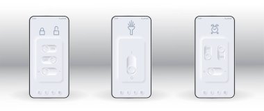 Cep telefonu seti, ekranda el fenerini açıp kapamak için mobil uygulama, çalar saat, kilit. Neumorphism tarzında uzaktan kontrol. Dikey ve yatay anahtarları olan düzenlenebilir şablon. Vektör