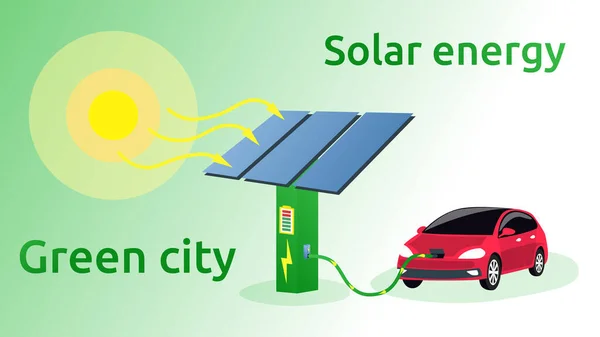 Elektrikli araç aküden şarj ediliyor. Güneş güneş panelleri üzerinde parlıyor. Yeşil bir şehirde yenilenebilir enerji kaynakları. Güneş enerjisi şeması. Vektör