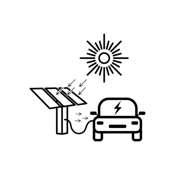 电动汽车由一个有太阳能电池板的充电站充电，太阳能电池板上有太阳。太阳能概念。环保灌装站。艾康B.病媒 — 图库矢量图片