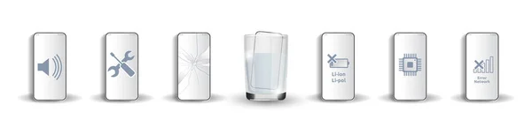 Hasarlı cep telefonları seti: suya batırılmış, bozuk ekran, şarjı bitmiş, cep telefonu şebekesi yakalanmıyor, çip hasar görmüş, ses sunucu şirketleri için izole edilmemiş 3D gerçekçilik camı