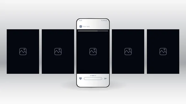 Siyah renk ui şablonu, sosyal ağlar, mobil uygulamalar için. Atlıkarınca arayüzlü akıllı telefon. Gerçekçi akıllı telefon. Vektör