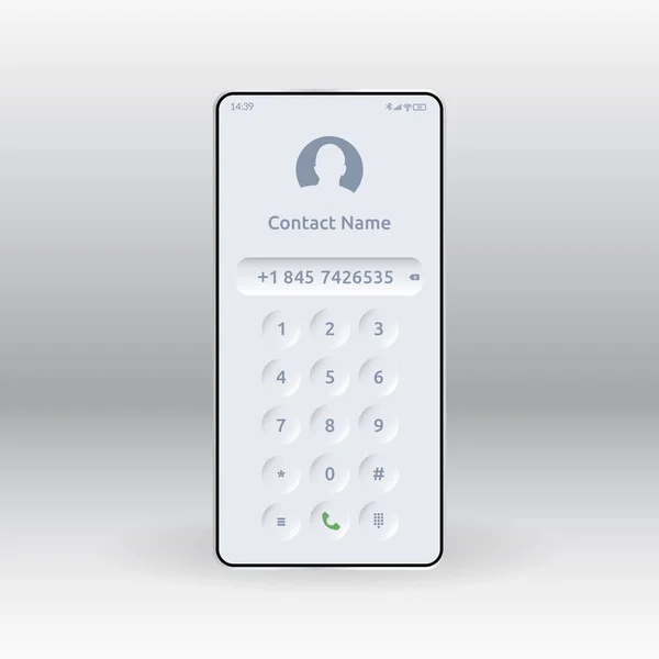 Numaralı tuş takımı ve neumorfik tarzda bir telefon numarası. Ekranda ismi ve iletişim simgesi olan akıllı telefon. Uygulama için kullanıcı arayüzü. Vektör