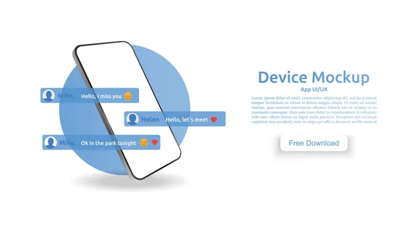 Gerçekçi 3D akıllı telefon şablonu beyaz bir arkaplanda daire çiziyor. Model cep telefonu. Cep telefonu ekranında sohbet mesajları. Mobil uygulamalar, web siteleri, tasarımcılar için form. Vektör