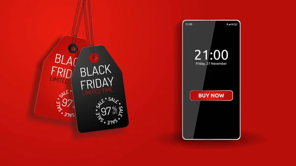 Kara Cuma 'da cep telefonu indirimi. Satış gününde internetten mal alma fikri. Kağıt etiket ve etiketlerle kırmızı arka plan modeli. Gerçekçi 3d vektörü