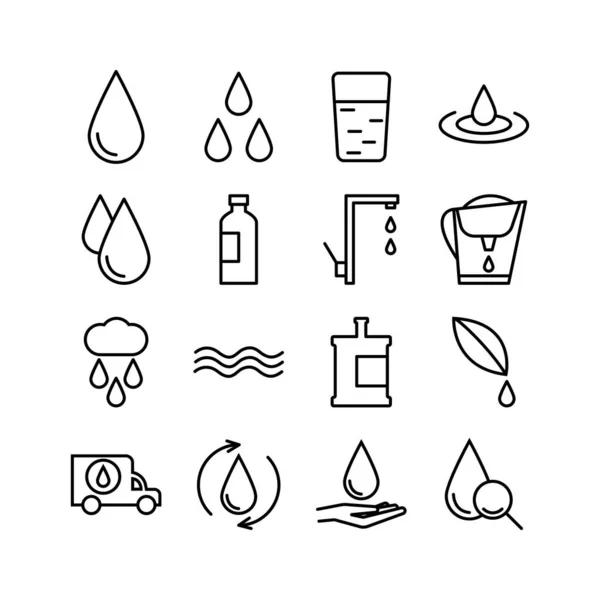 Bir damla suyla ilgili basit ikonlar. Ayrıca bir bardak su, musluk, şişe, araba, el, çarşaf, filtre ve diğerleri ile teslimat. Vektör
