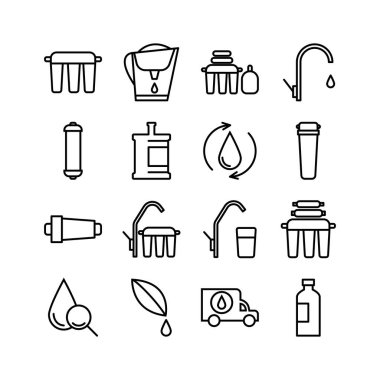 Su filtrelemesiyle ilgili basit simgeler. Ters ozmoz filtresi, kartuş, şişe, arabayla teslimat, filtrelenmiş temiz su, su borusu ve diğerleri. Vektör