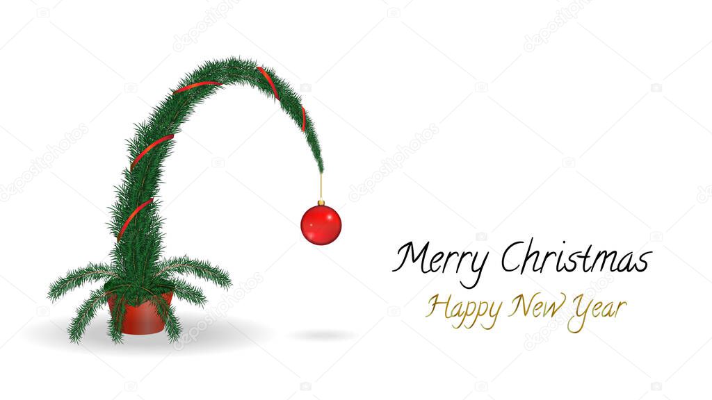 Christmas tree on a white background with a tilted top. Red ball and ribbon on a green Christmas tree. Greeting card for new year. Vector 3d. Realistic