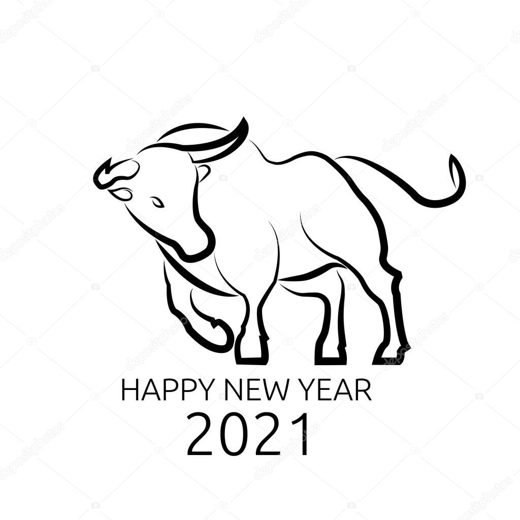 Metal bull symbol of new year 2021. Line logo for greeting cards, posters, banners, Chinese calendars. Black beautiful ox on a white background. Vector. Icon