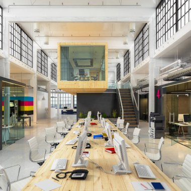3D render - açık plan office - ofis binası - modern mimarisi.