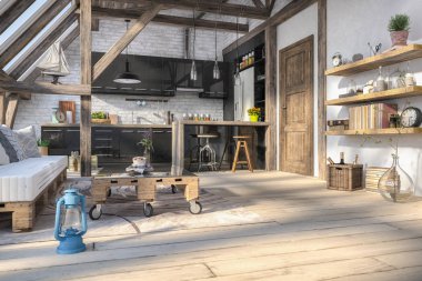 3D render İskandinav düz - mutfak - yemek odası