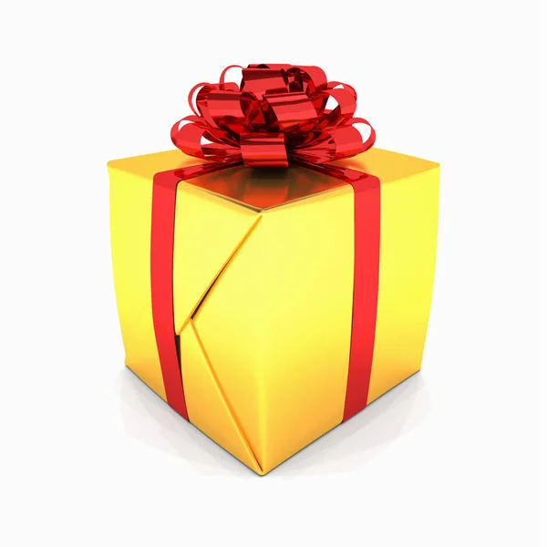 Render Caja Regalo Navidad Oro Con Cintas Rojas Sobre Fondo — Foto de Stock