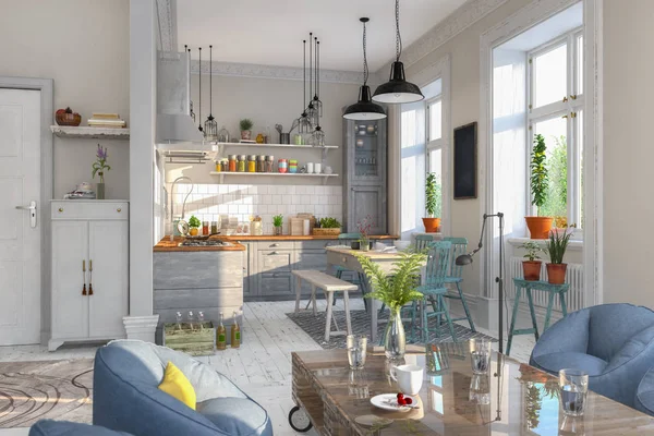 Rendering Dari Scandinavian Flat Dapur Ruang Makan — Stok Foto