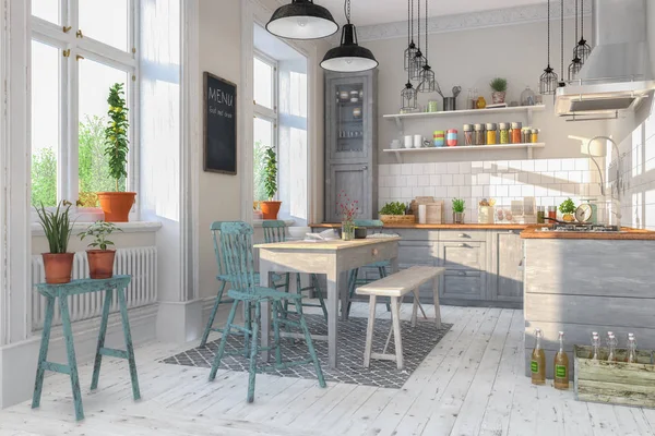 Rendering Appartamento Scandinavo Cucina Sala Pranzo — Foto Stock