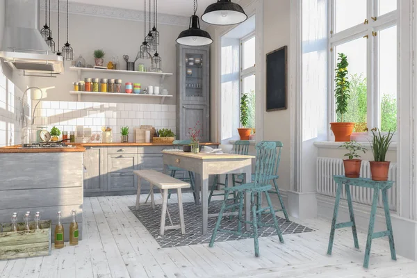 3D render - Scandinavische flat - keuken - eetkamer — Stockfoto