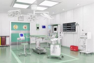 3d render - Modern operating theatre with video management system and ceiling supply units. clipart