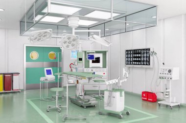 3d render - Modern operating theatre with video management system and ceiling supply units. clipart