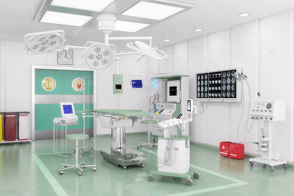 3d render - Modern operating theatre with video management system and ceiling supply units.