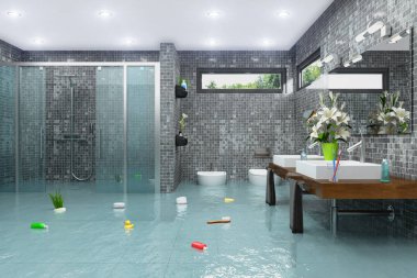bir sel modern banyo 3D render
