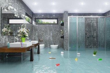 bir sel modern banyo 3D render
