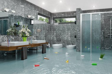 bir sel modern banyo 3D render