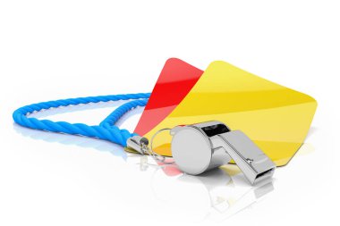 3D render - futbol kavramı düdük, kırmızı ve sarı kart ile