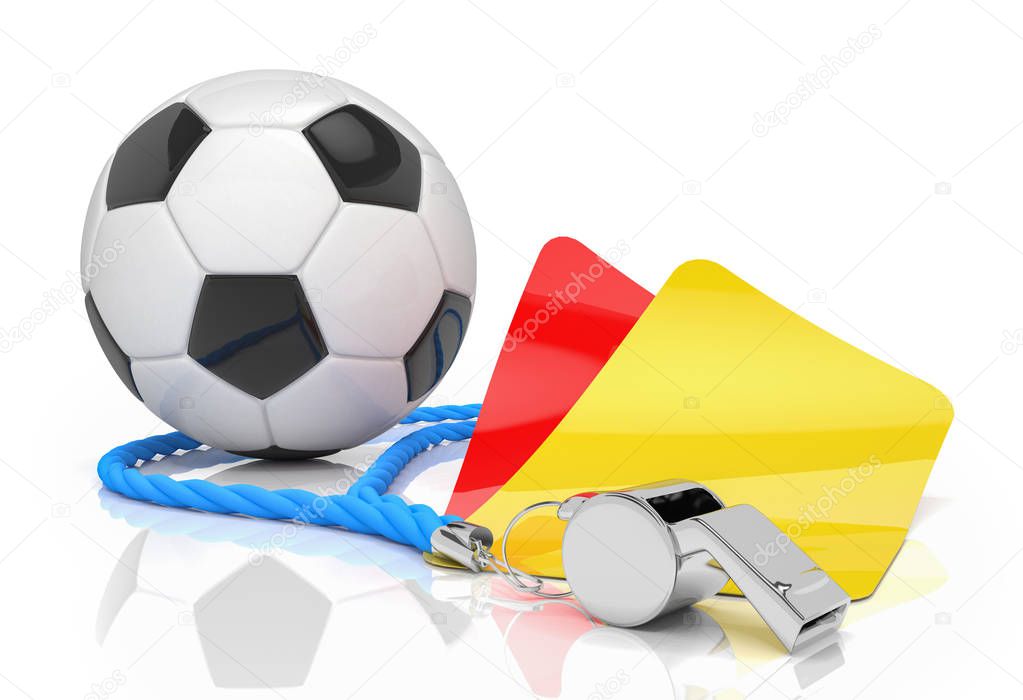 3d render - football concept with whistle, football and red and yellow card