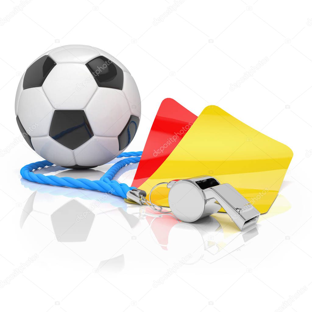 3d render - football concept with whistle, football and red and yellow card