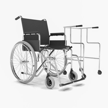 3D render - tekerlekli sandalye ve beyaz arka plan üzerinde rollator