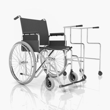3D render - tekerlekli sandalye ve beyaz arka plan üzerinde rollator