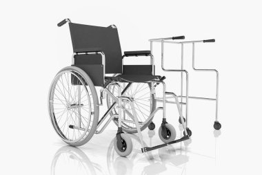 3D render - tekerlekli sandalye ve beyaz arka plan üzerinde rollator