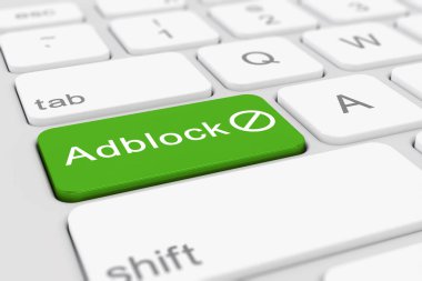beyaz bir klavye yeşil adblock düğmesi ile 3D render.