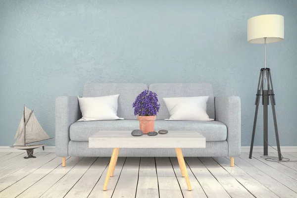 Render Interieur Van Scandinavische Woonkamer Met Sofa Maritieme Decoratie — Stockfoto