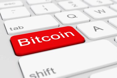 Kırmızı Bitcoin tuşlu beyaz bir klavyenin 3d görüntüleyicisi.