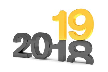 2018 sayıların 3D render ve siyah ve beyaz zemin üzerine altın 19. 19 numara sayısı 18 ve toprağa kırılırsa.