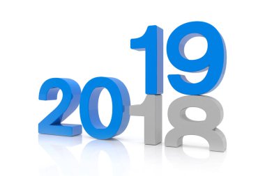2018 sayıların 3D render ve mavi beyaz arka plan üzerinde 19. 19 numara sayısı 18 ve toprağa kırılırsa.