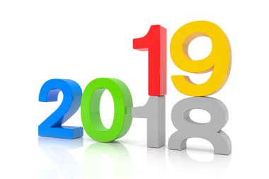 2018 sayıların 3D render ve beyaz arka plan üzerinde renkli 19. 19 numara sayısı 18 ve toprağa kırılırsa.