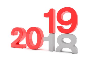 2018 sayıların 3D render ve beyaz arka plan üzerinde kırmızı 19. 19 numara sayısı 18 ve toprağa kırılırsa.