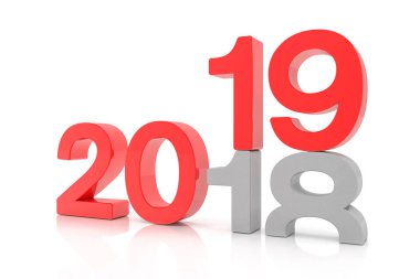 2018 sayıların 3D render ve beyaz arka plan üzerinde kırmızı 19. 19 numara sayısı 18 ve toprağa kırılırsa.