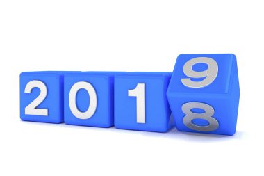 3D render mavi küpleri ile 2018-2019 beyaz arka plan üzerinde-temsil eden yeni yıl 2019.