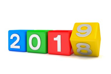 3D render ile 2018-2019 beyaz arka plan üzerinde-renkli küpleri temsil eden yeni yıl 2019.
