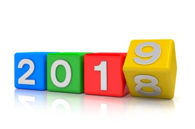 3D render ile 2018-2019 beyaz arka plan üzerinde-renkli küpleri temsil eden yeni yıl 2019.