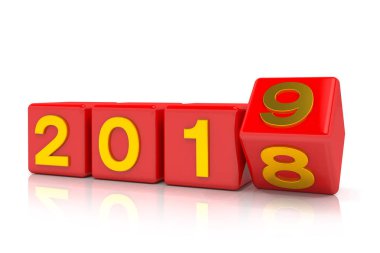 3D render ile 2018-2019 üzerinde beyaz arka plan - kırmızı küpleri temsil eden yeni yıl 2019.