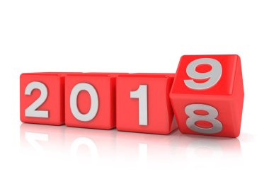 3D render ile 2018-2019 üzerinde beyaz arka plan - kırmızı küpleri temsil eden yeni yıl 2019.