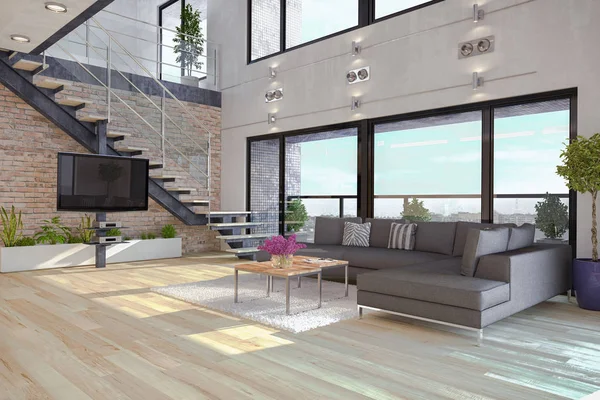 Render Van Een Moderne Loft Met Groot Raam Heldere Woonkamer — Stockfoto